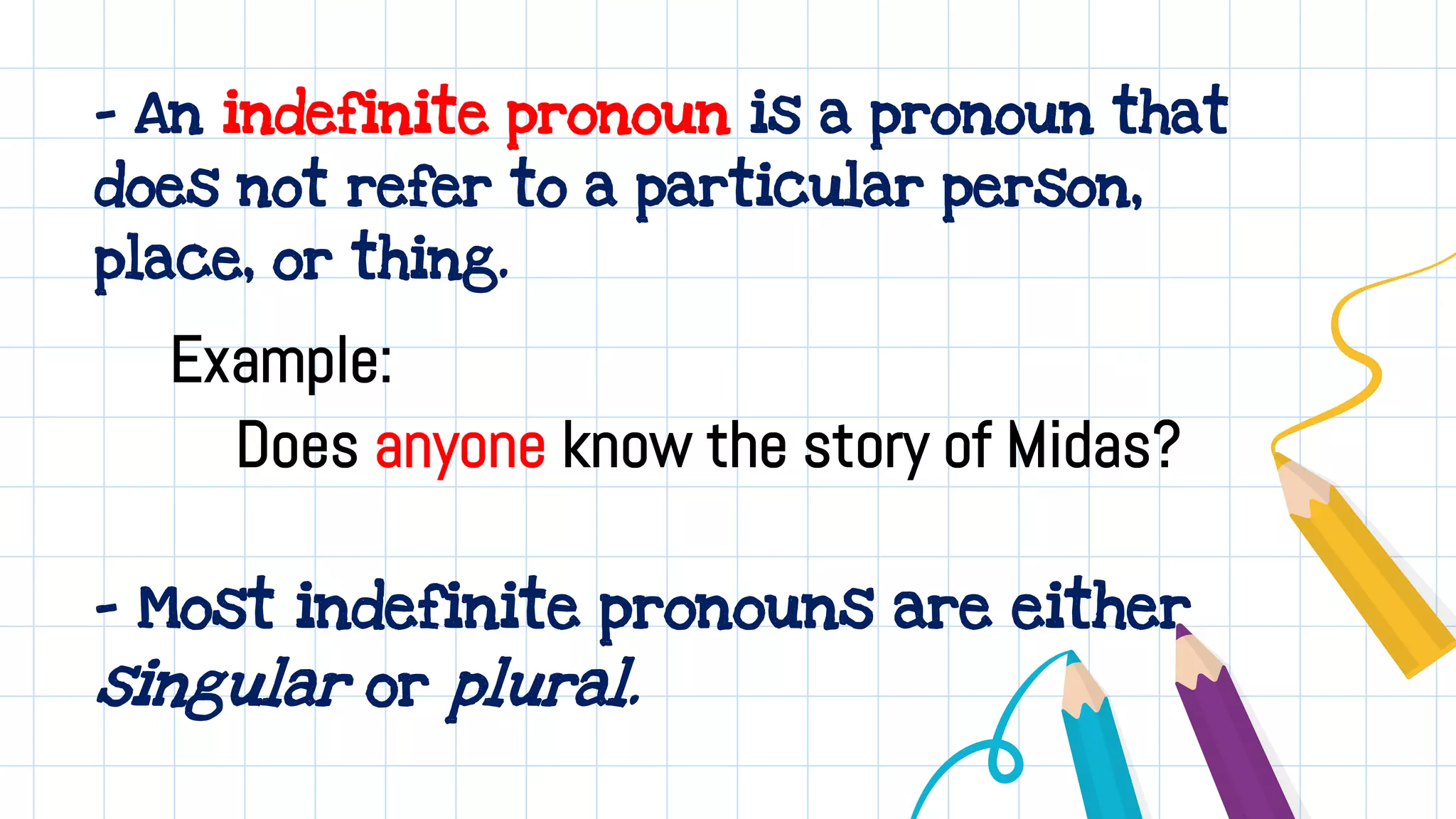 Example:
Does anyone know the story of Midas?
- An indefinite pronoun is a pronoun that
does not refer to a particular person,
place, or thing.
- Most indefinite pronouns are either
singular or plural.
 