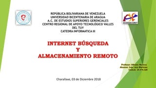 REPÚBLICA BOLIVARIANA DE VENEZUELA
UNIVERSIDAD BICENTENARIA DE ARAGUA
A.C. DE ESTUDIOS SUPERIORES GERENCIALES
CENTRO REGIONAL DE APOYO TECNOLÓGICO VALLES
DEL TUY
CATEDRA INFORMATICA III
Profesor: Alfredo Moreno
Alumno: Iván Jara Martínez
Cedula: 24.478.328
Charallave, 03 de Diciembre 2018
 