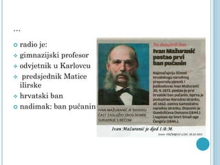 ...
radio je:
 gimnazijski profesor
 odvjetnik u Karlovcu
 predsjednik Matice
ilirske
 hrvatski ban
 nadimak: ban pučanin


 