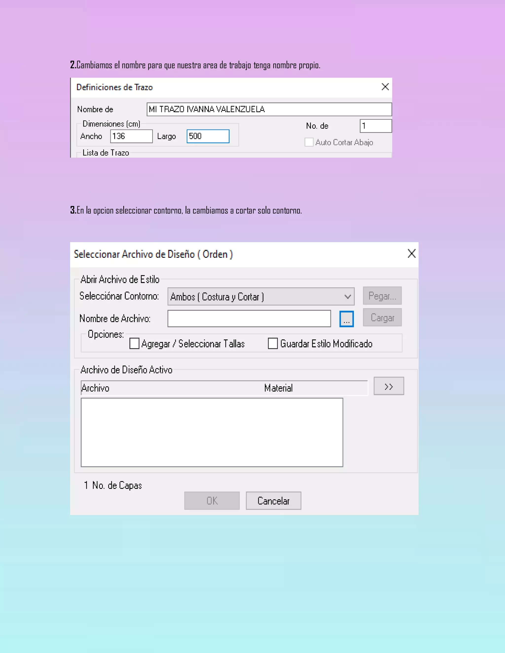 2.Cambiamos el nombre para que nuestra area de trabajo tenga nombre propio.
3.En la opcion seleccionar contorno, la cambiamos a cortar solo contorno.
 