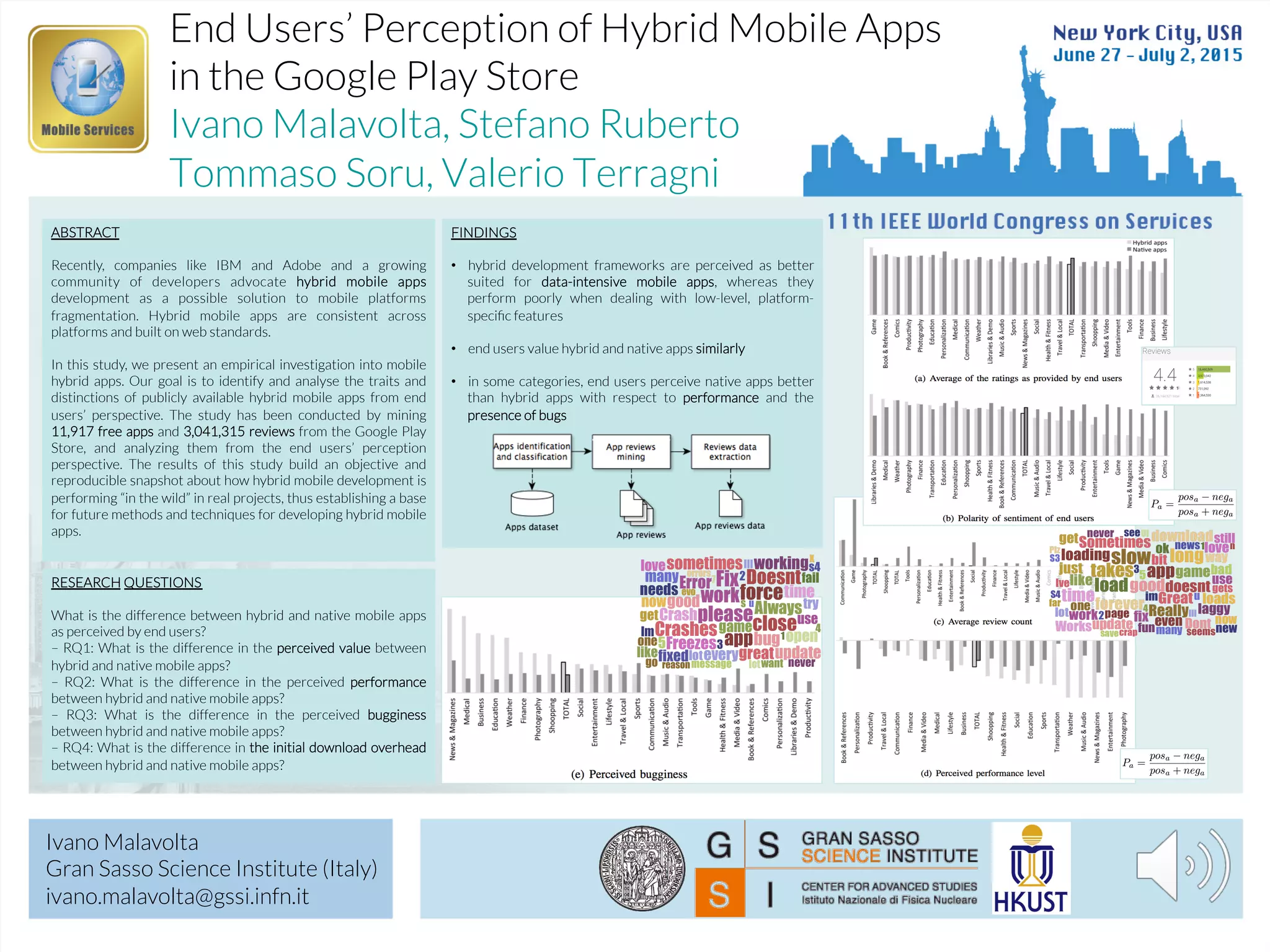 Example
End Users’ Perception of Hybrid Mobile Apps
in the Google Play Store
Ivano Malavolta, Stefano Ruberto
Tommaso Soru, Valerio Terragni
Ivano Malavolta
Gran Sasso Science Institute (Italy)
ivano.malavolta@gssi.infn.it
ABSTRACT
Recently, companies like IBM and Adobe and a growing
community of developers advocate hybrid mobile apps
development as a possible solution to mobile platforms
fragmentation. Hybrid mobile apps are consistent across
platforms and built on web standards.
In this study, we present an empirical investigation into mobile
hybrid apps. Our goal is to identify and analyse the traits and
distinctions of publicly available hybrid mobile apps from end
users’ perspective. The study has been conducted by mining
11,917 free apps and 3,041,315 reviews from the Google Play
Store, and analyzing them from the end users’ perception
perspective. The results of this study build an objective and
reproducible snapshot about how hybrid mobile development is
performing “in the wild” in real projects, thus establishing a base
for future methods and techniques for developing hybrid mobile
apps.
FINDINGS
•  hybrid development frameworks are perceived as better
suited for data-intensive mobile apps, whereas they
perform poorly when dealing with low-level, platform-
speciﬁc features
•  end users value hybrid and native apps similarly
•  in some categories, end users perceive native apps better
than hybrid apps with respect to performance and the
presence of bugs
RESEARCH QUESTIONS
What is the difference between hybrid and native mobile apps
as perceived by end users?
– RQ1: What is the difference in the perceived value between
hybrid and native mobile apps?
– RQ2: What is the difference in the perceived performance
between hybrid and native mobile apps?
– RQ3: What is the difference in the perceived bugginess
between hybrid and native mobile apps?
– RQ4: What is the difference in the initial download overhead
between hybrid and native mobile apps?
 