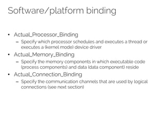 Software/platform binding
• Actual_Processor_Binding
– Specify which processor schedules and executes a thread or
executes a (kernel mode) device driver
• Actual_Memory_Binding
– Specify the memory components in which executable code
(process components) and data (data component) reside
• Actual_Connection_Binding
– Specify the communication channels that are used by logical
connections (see next section)
 