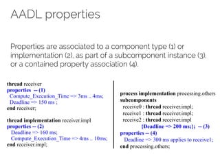 AADL properties
Properties are associated to a component type (1) or
implementation (2), as part of a subcomponent instance (3),
or a contained property association (4).
process implementation processing.others
subcomponents
receive0 : thread receiver.impl;
receive1 : thread receiver.impl;
receive2 : thread receiver.impl
{Deadline => 200 ms;}; -- (3)
properties -- (4)
Deadline => 300 ms applies to receive1;
end processing.others;
thread receiver
properties -- (1)
Compute_Execution_Time => 3ms .. 4ms;
Deadline => 150 ms ;
end receiver;
thread implementation receiver.impl
properties -- (2)
Deadline => 160 ms;
Compute_Execution_Time => 4ms .. 10ms;
end receiver.impl;
 