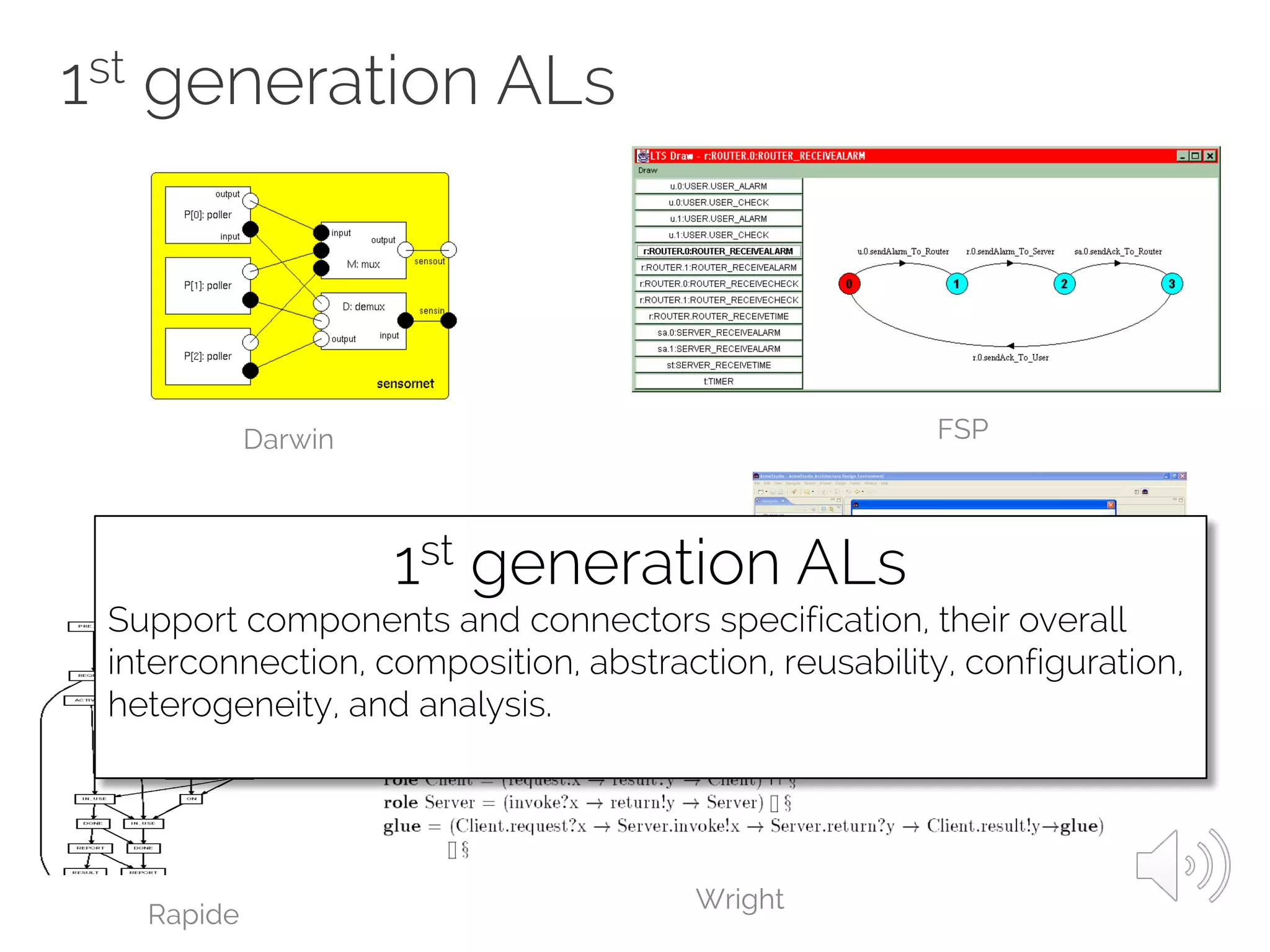 1st generation ALs
Darwin FSP
ACME
Rapide
Wright
ACME
1st generation ALs
Support components and connectors specification, their overall
interconnection, composition, abstraction, reusability, configuration,
heterogeneity, and analysis.
 