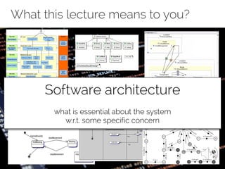 What this lecture means to you?
Software architecture
what is essential about the system
w.r.t. some specific concern
 