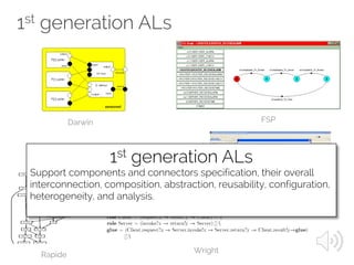 1st generation ALs
Darwin FSP
ACME
Rapide
Wright
ACME
1st generation ALs
Support components and connectors specification, their overall
interconnection, composition, abstraction, reusability, configuration,
heterogeneity, and analysis.
 