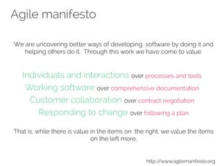 Agile manifesto
We are uncovering better ways of developing software by doing it and
helping others do it. Through this work we have come to value:
Individuals and interactions over processes and tools 
Working software over comprehensive documentation 
Customer collaboration over contract negotiation 
Responding to change over following a plan
That is, while there is value in the items on the right, we value the items
on the left more.
http://www.agilemanifesto.org
 