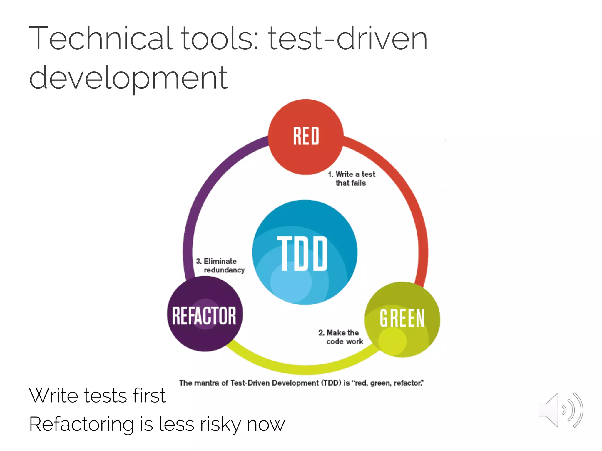Technical tools: test-driven
development
Write tests first
Refactoring is less risky now
 