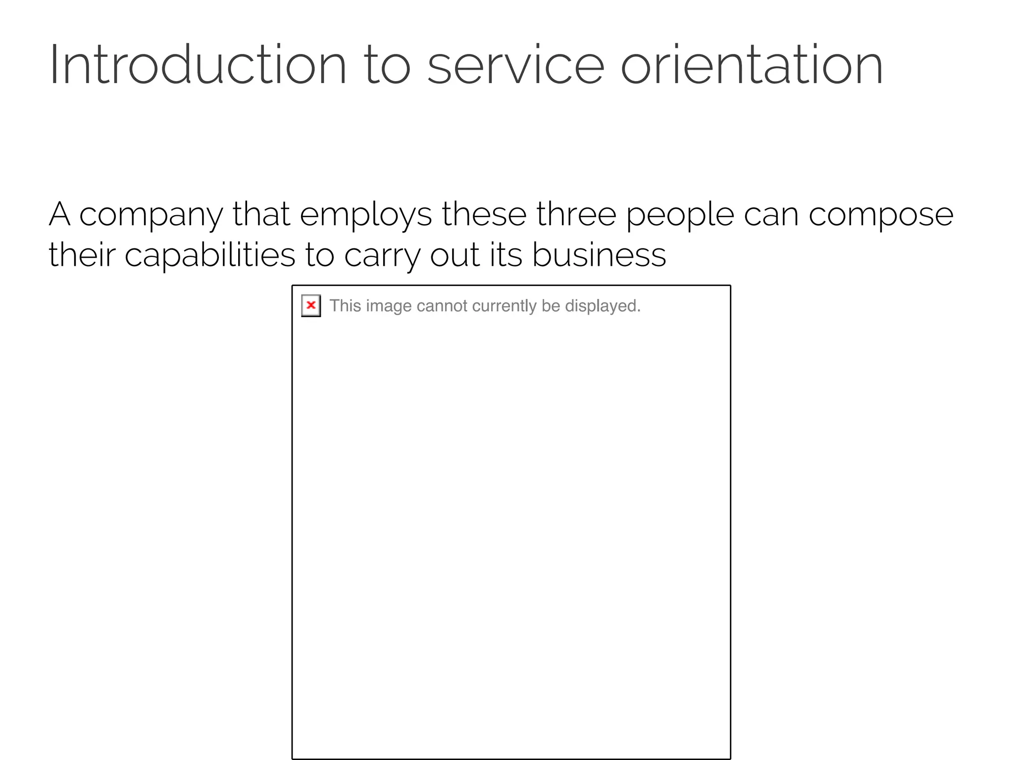 Introduction to service orientation
A company that employs these three people can compose
their capabilities to carry out its business
This image cannot currently be displayed.
 
