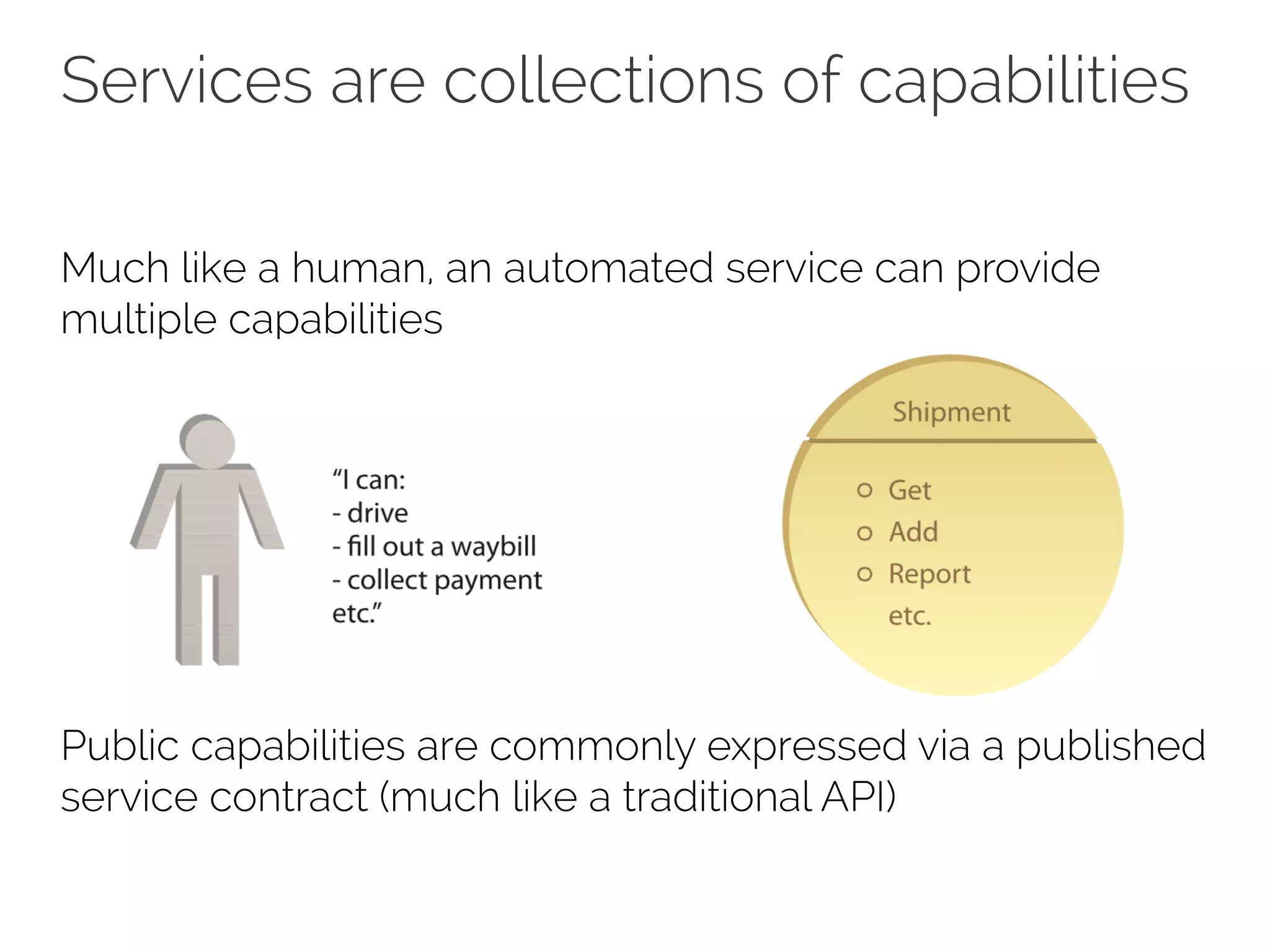 Services are collections of capabilities
Much like a human, an automated service can provide
multiple capabilities
Public capabilities are commonly expressed via a published
service contract (much like a traditional API)
 