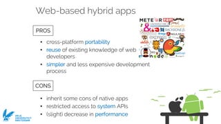 Ivano Malavolta
VRIJE
UNIVERSITEIT
AMSTERDAM
Web-based hybrid apps
• cross-platform portability
• reuse of existing knowledge of web
developers
• simpler and less expensive development
process
• inherit some cons of native apps
• restricted access to system APIs
• (slight) decrease in performance
PROS
CONS
 
