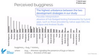 Ivano Malavolta
VRIJE
UNIVERSITEIT
AMSTERDAM
Perceived bugginess
where buga = #reviews signalling the presence of bugs or failures
reviewsa = #reviews of the app
The highest unbalance between the two
development strategies in our study
bugginessa = buga / reviewsa
Possible interpretation:
absence of full-fledged testing frameworks for hybrid
apps, such as those provided by native apps IDEs like
Eclipse and Android Studio
 