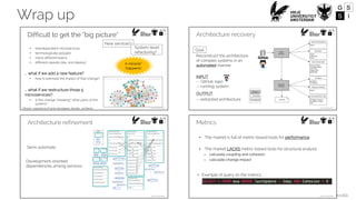 Ivano Malavolta
Wrap up
Ivano Malavolta
?
Difficult to get the “big picture”
• interdependent microservices
• technologically polyglot
• many different teams
• different speeds (dev. and deploy)
... what if we add a new feature?
• how to estimate the impact of that change?
... what if we restructure those 5
microservices?
• is this change “breaking” other parts of the
system?
New services?
System-level
refactoring?
A miracle*
happens!
* Miracle = experience of senior developers, devOps , architects Ivano Malavolta
Architecture recovery
Reconstruct the architecture
of complex systems in an
automated manner
INPUT
-- GitHub repo
-- running system
OUTPUT
-- extracted architecture
Goal
Ivano Malavolta
Architecture refinement
Development-oriented
dependencies among services
Semi-automatic
Ivano Malavolta
• The market is full of metric-based tools for performance
• The market LACKS metric-based tools for structural analysis
– calculate coupling and cohesion
– calculate change impact
• Example of query on the metrics:
Metrics
 