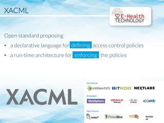 XACML


Open standard proposing
•  a declarative language for deﬁning access control policies
•  a run-time architecture for enforcing the policies
deﬁning
enforcing
 