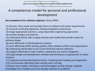 A competences model for personal and professional developmentKey competences for software engineers, Shaw (2005)(1) discover client needs and translate them to software and system requirements(2) reconcile conflicting objectives, finding acceptable compromises(3) design appropriate solutions, using responsible engineering approaches(4) evaluate designs and products(5) understand and be able to apply theories and models that provide a basis for software design(6) work effectively in interdisciplinary contexts(7) work effectively within existing systems, both software artifacts and organizations(8) understand and be able to use current technical solution elements(9) program effectively in code creation, component use, and its integration(10) apply design and development methods and techniques as appropriate to realize solutions(11) organize and lead development teams, including team-building and negotiation(12) communicate effectively, both verbally and in writing(13) learn new models, techniques, and technologies as they emerge; integrate knowledge from multiple sources to develop solutions to problems