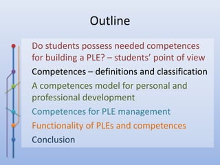 OutlineDo students possess needed competences for building a PLE? – students’ point of view	Competences – definitions and classificationA competences model for personal and professional developmentCompetences for PLE managementFunctionality of PLEs and competencesConclusion