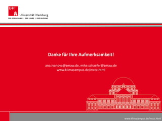 www.klimacampus.de/mccc.html
Danke für Ihre Aufmerksamkeit!
ana.ivanova@zmaw.de, mike.schaefer@zmaw.de
www.klimacampus.de/mccc.html
 