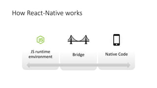 JS runtime
environment Bridge Native Code
How React-Native works
 