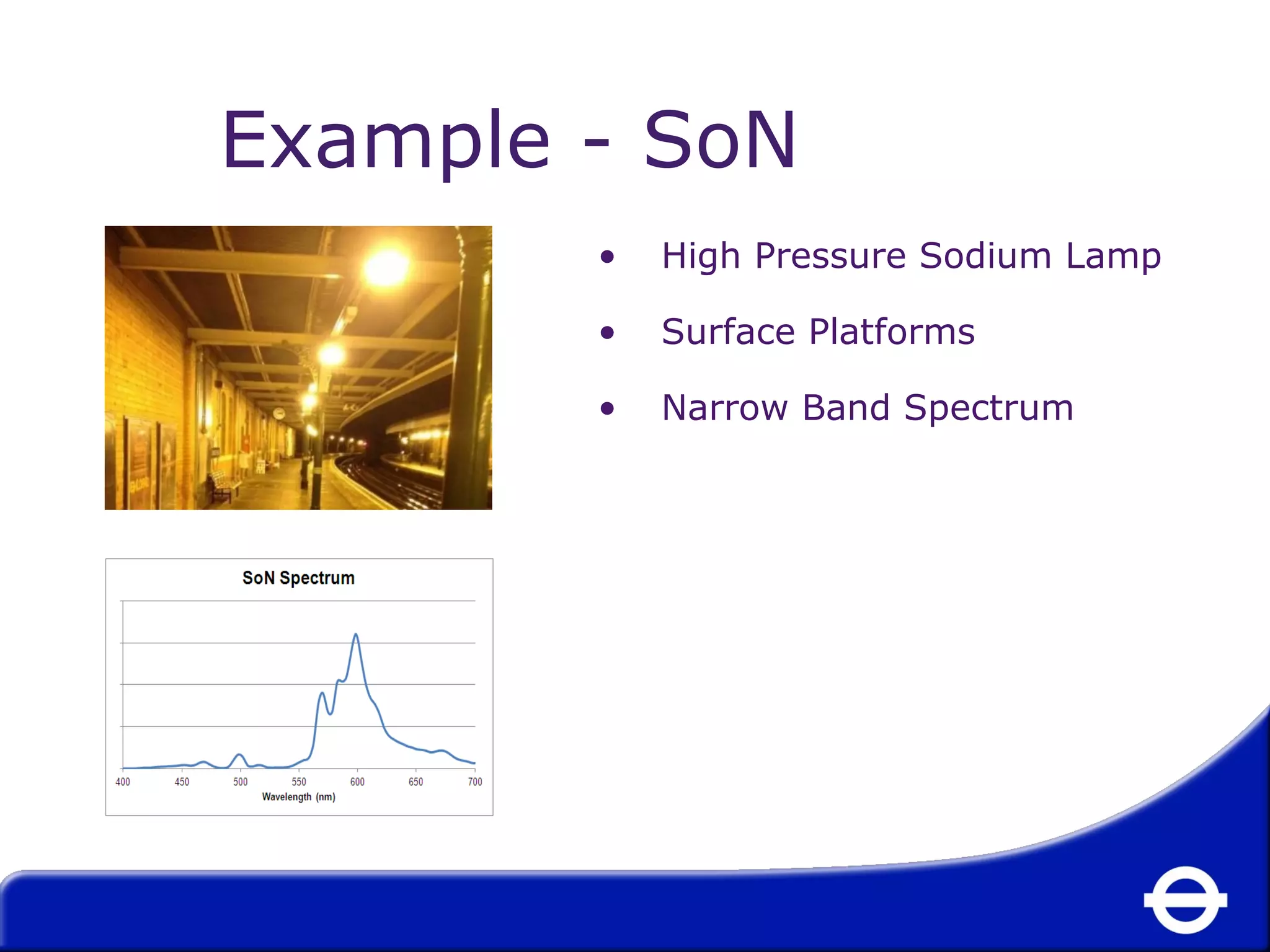 Example - SoN 
• High Pressure Sodium Lamp 
• Surface Platforms 
• Narrow Band Spectrum 
 