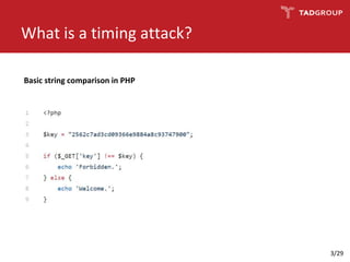 What is a timing attack?
Basic string comparison in PHP
3/29
 