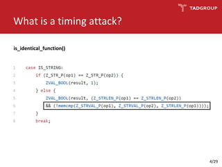 What is a timing attack?
is_identical_function()
4/29
 