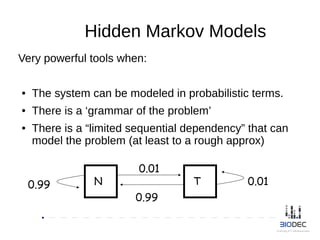 Hidden Markov Models
Very powerful tools when:
● The system can be modeled in probabilistic terms.
● There is a ‘grammar of the problem’
● There is a “limited sequential dependency” that can
model the problem (at least to a rough approx)
N T
0.01
0.01
0.99
0.99
 