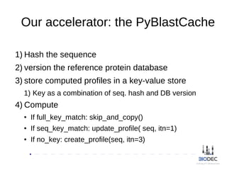 Our accelerator: the PyBlastCache
1) Hash the sequence
2) version the reference protein database
3) store computed profile...