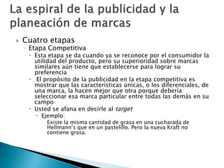  Cuatro etapas
◦ Etapa Competitiva
 Esta etapa se da cuando ya se reconoce por el consumidor la
utilidad del producto, pero su superioridad sobre marcas
similares aún tiene que establecerse para lograr su
preferencia
 El propósito de la publicidad en la etapa competitiva es
mostrar que las características únicas, o los diferenciales, de
una marca, la hacen mejor que otra porque debería
seleccionar esa marca particular entre todas las demás en su
campo
 Usted se afana en decirle al target
 Ejemplo:
Existe la misma cantidad de grasa en una cucharada de
Hellmann’s que en un pastelillo. Pero la nueva Kraft no
contiene grasa.
 