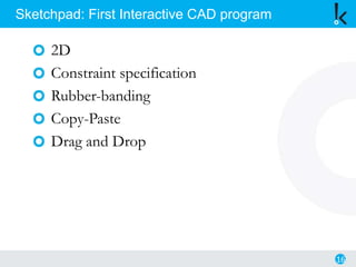 2D
Constraint specification
Rubber-banding
Copy-Paste
Drag and Drop
16
Sketchpad: First Interactive CAD program
 
