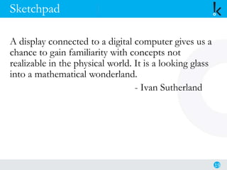 Sketchpad
A display connected to a digital computer gives us a
chance to gain familiarity with concepts not
realizable in the physical world. It is a looking glass
into a mathematical wonderland.
- Ivan Sutherland
19
 