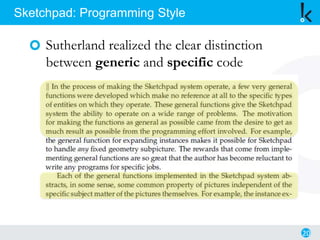 Sutherland realized the clear distinction
between generic and specific code
20
Sketchpad: Programming Style
 