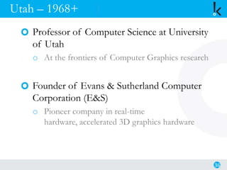 Utah – 1968+
Professor of Computer Science at University
of Utah
o At the frontiers of Computer Graphics research
Founder of Evans & Sutherland Computer
Corporation (E&S)
o Pioneer company in real-time
hardware, accelerated 3D graphics hardware
36
 