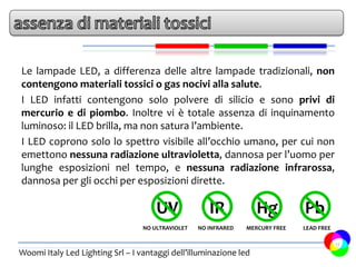 Le lampade LED, a differenza delle altre lampade tradizionali, non
contengono materiali tossici o gas nocivi alla salute.
I LED infatti contengono solo polvere di silicio e sono privi di
mercurio e di piombo. Inoltre vi è totale assenza di inquinamento
luminoso: il LED brilla, ma non satura l’ambiente.
I LED coprono solo lo spettro visibile all’occhio umano, per cui non
emettono nessuna radiazione ultravioletta, dannosa per l’uomo per
lunghe esposizioni nel tempo, e nessuna radiazione infrarossa,
dannosa per gli occhi per esposizioni dirette.

                                      UV              IR            Hg          Pb
                                  NO ULTRAVIOLET   NO INFRARED   MERCURY FREE   LEAD FREE

                                                                                            17
Woomi Italy Led Lighting Srl – I vantaggi dell’illuminazione led
 