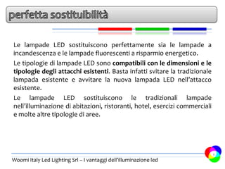 Le lampade LED sostituiscono perfettamente sia le lampade a
incandescenza e le lampade fluorescenti a risparmio energetico.
Le tipologie di lampade LED sono compatibili con le dimensioni e le
tipologie degli attacchi esistenti. Basta infatti svitare la tradizionale
lampada esistente e avvitare la nuova lampada LED nell’attacco
esistente.
Le lampade LED sostituiscono le tradizionali lampade
nell’illuminazione di abitazioni, ristoranti, hotel, esercizi commerciali
e molte altre tipologie di aree.




                                                                            8
Woomi Italy Led Lighting Srl – I vantaggi dell’illuminazione led
 
