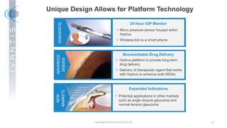 • Micro pressure sensor housed within
Hydrus
• Wireless link to a smart phone
Investigational Device Only in US 11
Unique Design Allows for Platform Technology
24 Hour IOP Monitor
ADVANCED
DISEASE
• Hydrus platform to provide long-term
drug delivery
• Delivery of therapeutic agent that works
with Hydrus to enhance both MOAs
Bioresorbable Drug Delivery
Expanded Indications
• Potential applications in other markets
such as angle closure glaucoma and
normal tension glaucoma
NEW
MARKETS
DIAGNOSTIC
 