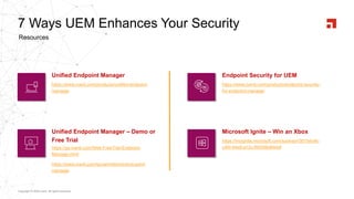 Copyright © 2020 Ivanti. All rights reserved.
Unified Endpoint Manager
https://www.ivanti.com/products/unified-endpoint-
manager
Unified Endpoint Manager – Demo or
Free Trial
Endpoint Security for UEM
https://go.ivanti.com/Web-FreeTrial-Endpoint-
Manager.html
https://www.ivanti.com/lp/uem/demos/end-point-
manager
https://www.ivanti.com/products/endpoint-security-
for-endpoint-manager
Microsoft Ignite – Win an Xbox
https://myignite.microsoft.com/sponsor/3615dc4b-
c4fd-44e9-a12c-f84558d84ddf
Resources
7 Ways UEM Enhances Your Security
 