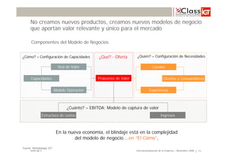 No creamos nuevos productos, creamos nuevos modelos de negocio
      que aportan valor relevante y único para el mercado

      Componentes del Modelo de Negocios


¿Cómo? – Configuración de Capacidades          ¿Qué? - Oferta        ¿Quién? – Configuración de Necesidades

                            Red de Valor                                         Canales


      Capacidades                              Propuesta de Valor                          Clientes y Consumidores


                          Modelo Operación                                     Experiencia



                                ¿Cuánto? – EBITDA: Modelo de captura de valor
               Estructura de costos                                                      Ingresos



                           En la nueva economía, el blindaje está en la complejidad
                                    del modelo de negocio….en “El Cómo”,
Fuente: Metodología IGT
      www.igt.cl                                                    Internacionalización de la Empresa – Noviembre 2008   77
 