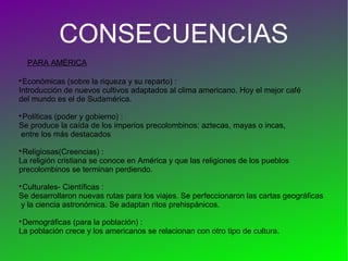 CONSECUENCIAS
    PARA AMÉRICA


 Económicas (sobre la riqueza y su reparto) :
Introducción de nuevos cultivos adaptados al clima americano. Hoy el mejor café
del mundo es el de Sudamérica.

 Políticas (poder y gobierno) :
Se produce la caída de los imperios precolombinos: aztecas, mayas o incas,
entre los más destacados

 Religiosas(Creencias) :
La religión cristiana se conoce en América y que las religiones de los pueblos
precolombinos se terminan perdiendo.

 Culturales- Científicas :
Se desarrollaron nuevas rutas para los viajes. Se perfeccionaron las cartas geográficas
y la ciencia astronómica. Se adaptan ritos prehispánicos.

 Demográficas (para la población) :
La población crece y los americanos se relacionan con otro tipo de cultura.
 