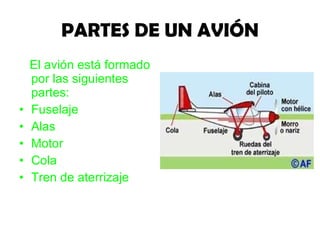 PARTES DE UN AVIÓN El avión está formado por las siguientes partes: Fuselaje Alas Motor Cola Tren de aterrizaje 