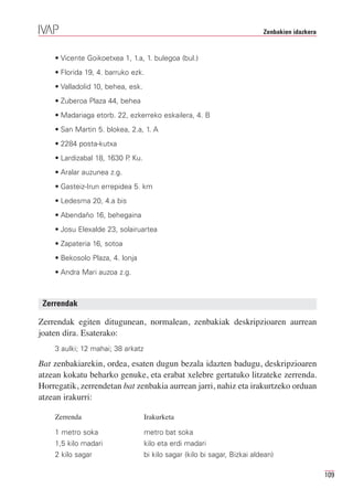 Zenbakien idazkera


    • Vicente Goikoetxea 1, 1.a, 1. bulegoa (bul.)
    • Florida 19, 4. barruko ezk.
    • Valladolid 10, behea, esk.
    • Zuberoa Plaza 44, behea
    • Madariaga etorb. 22, ezkerreko eskailera, 4. B
    • San Martin 5. blokea, 2.a, 1. A
    • 2284 posta-kutxa
    • Lardizabal 18, 1630 P Ku.
                           .
    • Aralar auzunea z.g.
    • Gasteiz-Irun errepidea 5. km
    • Ledesma 20, 4.a bis
    • Abendaño 16, behegaina
    • Josu Elexalde 23, solairuartea
    • Zapateria 16, sotoa
    • Bekosolo Plaza, 4. lonja
    • Andra Mari auzoa z.g.



 Zerrendak

Zerrendak egiten ditugunean, normalean, zenbakiak deskripzioaren aurrean
joaten dira. Esaterako:
    3 aulki; 12 mahai; 38 arkatz

Bat zenbakiarekin, ordea, esaten dugun bezala idazten badugu, deskripzioaren
atzean kokatu beharko genuke, eta erabat xelebre gertatuko litzateke zerrenda.
Horregatik, zerrendetan bat zenbakia aurrean jarri, nahiz eta irakurtzeko orduan
atzean irakurri:

    Zerrenda                       Irakurketa

    1 metro soka                   metro bat soka
    1,5 kilo madari                kilo eta erdi madari
    2 kilo sagar                   bi kilo sagar (kilo bi sagar, Bizkai aldean)

                                                                                                109
 