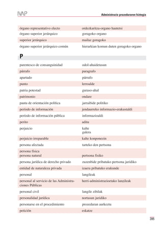 Administrazio prozeduraren hiztegia



órgano representativo electo              ordezkaritza-organo hautetsi
órgano superior jerárquico                goragoko organo
superior jerárquico                       mailaz goragoko
órgano superior jerárquico común          hierarkian komun duten goragoko organo


P
parentesco de consanguinidad              odol-ahaidetasun
párrafo                                   paragrafo
apartado                                  párrafo
punto                                     lerroalde
patria potestad                           guraso-ahal
patrimonio                                ondare
pauta de orientación política             jarraibide politiko
período de información                    jendaurreko informazio-erakustaldi
período de información pública            informazioaldi
perito                                    aditu
perjuicio                                 kalte
                                          galera
perjuicio irreparable                     kalte konponezin
persona afectada                          tarteko den pertsona
persona física
persona natural                           pertsona fisiko
persona jurídica de derecho privado       zuzenbide pribatuko pertsona juridiko
entidad de naturaleza privada             izaera pribatuko erakunde
personal                                  langileak
personal al servicio de las Administra-   herri-administrazioetako langileak
ciones Públicas
personal civil                            langile zibilak
personalidad jurídica                     nortasun juridiko
personarse en el procedimiento            prozeduran aurkeztu
petición                                  eskatze

                                                                                              395
 