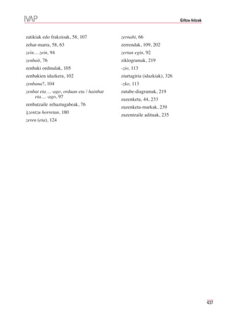 Giltza-hitzak


zatikiak edo frakzioak, 58, 107          zernahi, 66
zehar-marra, 58, 63                      zerrendak, 109, 202
zein… zein, 94                           zertan egin, 92
zenbait, 76                              ziklogramak, 219
zenbaki ordinalak, 105                   -zio, 113
zenbakien idazkera, 102                  ziurtagiria (idazkiak), 326
zenbana?, 104                            -zko, 113
zenbat eta… -ago, orduan eta / hainbat   zutabe-diagramak, 219
    eta… -ago, 97
                                         zuzenketa, 44, 233
zenbatzaile zehaztugabeak, 76
                                         zuzenketa-markak, 239
⇓zentzu horretan, 180
                                         zuzentzaile adituak, 235
zeren (eta), 124




                                                                                       437
 