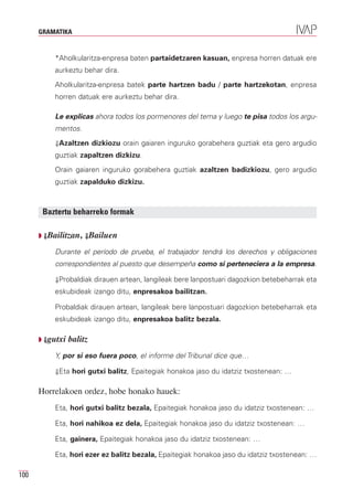 GRAMATIKA


          *Aholkularitza-enpresa baten partaidetzaren kasuan, enpresa horren datuak ere
          aurkeztu behar dira.
          Aholkularitza-enpresa batek parte hartzen badu / parte hartzekotan, enpresa
          horren datuak ere aurkeztu behar dira.

          Le explicas ahora todos los pormenores del tema y luego te pisa todos los argu-
          mentos.
          ⇓Azaltzen dizkiozu orain gaiaren inguruko gorabehera guztiak eta gero argudio
          guztiak zapaltzen dizkizu.
          Orain gaiaren inguruko gorabehera guztiak azaltzen badizkiozu, gero argudio
          guztiak zapalduko dizkizu.



       Baztertu beharreko formak

      Q ⇓Bailitzan, ⇓Bailuen

          Durante el período de prueba, el trabajador tendrá los derechos y obligaciones
          correspondientes al puesto que desempeña como si perteneciera a la empresa.

          ⇓Probaldiak dirauen artean, langileak bere lanpostuari dagozkion betebeharrak eta
          eskubideak izango ditu, enpresakoa bailitzan.

          Probaldiak dirauen artean, langileak bere lanpostuari dagozkion betebeharrak eta
          eskubideak izango ditu, enpresakoa balitz bezala.

      Q ⇓gutxi   balitz
          Y, por si eso fuera poco, el informe del Tribunal dice que…

          ⇓Eta hori gutxi balitz, Epaitegiak honakoa jaso du idatziz txostenean: …


      Horrelakoen ordez, hobe honako hauek:
          Eta, hori gutxi balitz bezala, Epaitegiak honakoa jaso du idatziz txostenean: …

          Eta, hori nahikoa ez dela, Epaitegiak honakoa jaso du idatziz txostenean: …

          Eta, gainera, Epaitegiak honakoa jaso du idatziz txostenean: …

          Eta, hori ezer ez balitz bezala, Epaitegiak honakoa jaso du idatziz txostenean: …

100
 