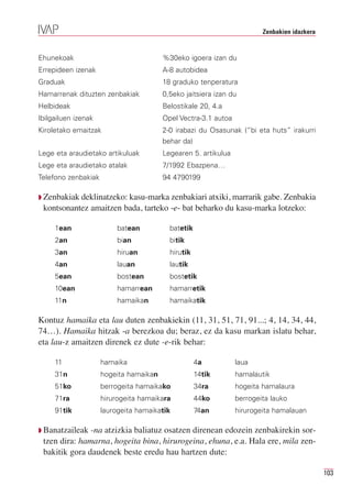 Zenbakien idazkera


Ehunekoak                               %30eko igoera izan du
Errepideen izenak                       A-8 autobidea
Graduak                                 18 graduko tenperatura
Hamarrenak dituzten zenbakiak           0,5eko jaitsiera izan du
Helbideak                               Belostikale 20, 4.a
Ibilgailuen izenak                      Opel Vectra-3.1 autoa
Kiroletako emaitzak                     2-0 irabazi du Osasunak (“bi eta huts” irakurri
                                        behar da)
Lege eta araudietako artikuluak         Legearen 5. artikulua
Lege eta araudietako atalak             7/1992 Ebazpena…
Telefono zenbakiak                      94 4790199

Q Zenbakiak deklinatzeko: kasu-marka zenbakiari atxiki, marrarik gabe. Zenbakia
 kontsonantez amaitzen bada, tarteko -e- bat beharko du kasu-marka lotzeko:

     1ean                 batean          batetik
     2an                  bian            bitik
     3an                  hiruan          hirutik
     4an                  lauan           lautik
     5ean                 bostean         bostetik
     10ean                hamarrean       hamarretik
     11n                  hamaikan        hamaikatik

Kontuz hamaika eta lau duten zenbakiekin (11, 31, 51, 71, 91...; 4, 14, 34, 44,
74…). Hamaika hitzak -a berezkoa du; beraz, ez da kasu markan islatu behar,
eta lau-z amaitzen direnek ez dute -e-rik behar:

     11              hamaika                        4a          laua
     31n             hogeita hamaikan               14tik       hamalautik
     51ko            berrogeita hamaikako           34ra        hogeita hamalaura
     71ra            hirurogeita hamaikara          44ko        berrogeita lauko
     91tik           laurogeita hamaikatik          74an        hirurogeita hamalauan

Q Banatzaileak -na atzizkia baliatuz osatzen direnean edozein zenbakirekin sor-
 tzen dira: hamarna, hogeita bina, hirurogeina, ehuna, e.a. Hala ere, mila zen-
 bakitik gora daudenek beste eredu hau hartzen dute:

                                                                                             103
 