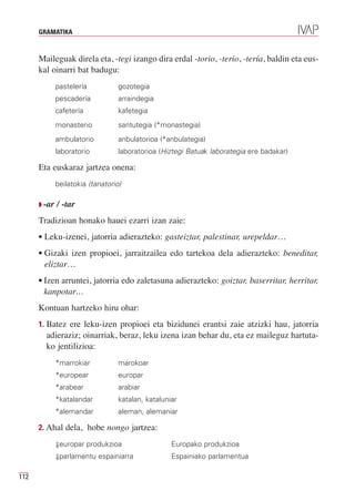 GRAMATIKA



      Maileguak direla eta, -tegi izango dira erdal -torio, -terio, -tería, baldin eta eus-
      kal oinarri bat badugu:
              pastelería           gozotegia
              pescadería           arraindegia
              cafetería            kafetegia
              monasterio           santutegia (*monastegia)
              ambulatorio          anbulatorioa (*anbulategia)
              laboratorio          laboratorioa (Hiztegi Batuak laborategia ere badakar)

      Eta euskaraz jartzea onena:
              beilatokia (tanatorio)

      Q -ar   / -tar
      Tradizioan honako hauei ezarri izan zaie:
      • Leku-izenei, jatorria adierazteko: gasteiztar, palestinar, urepeldar…

      • Gizaki izen propioei, jarraitzailea edo tartekoa dela adierazteko: beneditar,
       eliztar…
      • Izen arruntei, jatorria edo zaletasuna adierazteko: goiztar, baserritar, herritar,
       kanpotar…
      Kontuan hartzeko hiru ohar:
      1. Batez ere leku-izen propioei eta bizidunei erantsi zaie atzizki hau, jatorria
        adieraziz; oinarriak, beraz, leku izena izan behar du, eta ez maileguz hartuta-
        ko jentilizioa:
              *marrokiar           marokoar
              *europear            europar
              *arabear             arabiar
              *katalandar          katalan, kataluniar
              *alemandar           aleman, alemaniar

      2. Ahal dela, hobe nongo jartzea:

              ⇓europar produkzioa                   Europako produkzioa
              ⇓parlamentu espainiarra               Espainiako parlamentua

112
 