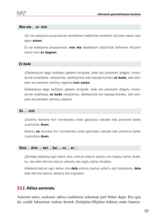 Informazio garrantzitsuena hasieran



 Non eta… ez -(e)n

    ⇓Ez da esleipena proposatuko deialdiaren baldintzak betetzen dituzten eskari aski
    egon ezean.

    Ez da esleipena proposatuko, non eta deialdiaren baldintzak betetzen dituzten
    eskari aski ez dagoen.


 Ez bada

    ⇓Debekatuta dago asfaltatu gabeko errepide, bide eta pistetatik ibilgailu motor-
    dunak erabiltzea, nekazaritza, abeltzaintza edo basogintzarako ez bada, edo ater-
    peei eta parkeari zerbitzu egiteko izan ezean.

    Debekatuta dago asfaltatu gabeko errepide, bide eta pistetatik ibilgailu motor-
    dunak erabiltzea, ez bada nekazaritza, abeltzaintza eta basogintzarako, edo ater-
    peei eta parkeari zerbitzu egiteko.


 Ea… -(e)n

    ⇓Aztertu ikerketa hori horretarako ondo gaitutako irakasle edo pertsona batek
    zuzenduko duen.

    Aztertu ea ikerketa hori horretarako ondo gaitutako irakasle edo pertsona batek
    zuzenduko duen.


 Dela… dela…; bai… bai…; ez… ez…

    ⇓Zenbait aldaketa egin behar dira, artikulu batzuk aztertu eta hobetu behar direla-
    ko, eta alde tekniko batzuk zehaztu eta argitu behar direlako.

    Aldaketa batzuk egin behar dira dela artikulu batzuk aztertu eta hobetzeko, dela
    alde tekniko batzuk zehaztu eta argitzeko.



3.2.2. Aditza aurreratu

Askoren ustez, euskaraz aditza esaldiaren azkenean jarri behar dugu. Eta egia
da, esaldi laburretan ordena horrek (Subjektu-Objektu-Aditza) ondo funtzio-

                                                                                              127
 
