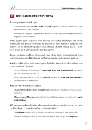 Deklinabide-kasuen pilaketa



3.5.     DEKLINABIDE-KASUEN PILAKETA

Ez dezagun honelakorik egin:
       ⇓Lehiakideak epaimahaiak berak oinarriek bigarren puntuan diotena ez duela
       betetzen esan izana salatu du.

       Lehiakideak salatu du / epaimahaiak esan izana / hark ez duela betetzen / oinarriek
       bigarren puntuan diotena.

Itsutu egiten gaitu subjektua beti hasieran eta aditza azkenengo jarri behar
horrek, eta hori lortzeko normala da deklinabide-kasu berdin bi (ergatibo sin-
gularra -ak eta absolutibo plurala -ak, adibidez) elkarren ondoan jostea. Ondo-
rioz, erraza da esanahi nahasiko esaldiak egitea.

Baina, euskaraz esaldiko elementuak uste dena baino mugikorragoak dira.
Aprobetxa dezagun. Hara hemen zenbait gomendio pilaketarik ez egiteko:

Q Aditza deklaratiboa bada, aurrera pasa, batik bat forma bereko hitzak bata bes-
 tearen ondoan direnean:
       ⇓Etorri berriaren eskuliburuko 3.4 puntuak lizentziak eta baimenak zein kasu-
       tan har daitezkeen esaten du.

       Etorri berriaren eskuliburuko 3.4 puntuak esaten du lizentziak eta baimenak
       zein kasutan har daitezkeen.

Q Batari   edo besteari kasua aldatu:
       ⇓Epaimahaikideek oinarri espezifikoek diseinatutako hautaketa-prozesua jarrai-
       tuko dute.

       Oinarri espezifikoetan diseinatutako hautaketa-prozesua jarraituko dute epai-
       mahaikideek.

Q Perpausnagusiko subjektua aditz nagusiaren atzean jarri (aurrekoan ere, hala
 jokatu dugu: … jarraituko dute epaimahaikideek):
       ⇓Langileak material bibliografikoak eta dokumentalak erabili ahal izango ditu.

       Material bibliografikoak eta dokumentalak erabili ahal izango ditu langileak.


                                                                                               133
 