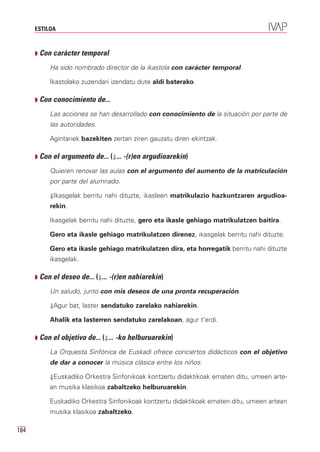 ESTILOA



      Q Con carácter temporal

           Ha sido nombrado director de la ikastola con carácter temporal.

           Ikastolako zuzendari izendatu dute aldi baterako.

      Q Con conocimiento de...

           Las acciones se han desarrollado con conocimiento de la situación por parte de
           las autoridades.

           Agintariek bazekiten zertan ziren gauzatu diren ekintzak.

      Q Con el argumento de... (⇓... -(r)en argudioarekin)

           Quieren renovar las aulas con el argumento del aumento de la matriculación
           por parte del alumnado.

           ⇓Ikasgelak berritu nahi dituzte, ikasleen matrikulazio hazkuntzaren argudioa-
           rekin.

           Ikasgelak berritu nahi dituzte, gero eta ikasle gehiago matrikulatzen baitira.

           Gero eta ikasle gehiago matrikulatzen direnez, ikasgelak berritu nahi dituzte.

           Gero eta ikasle gehiago matrikulatzen dira, eta horregatik berritu nahi dituzte
           ikasgelak.

      Q Con el deseo de... (⇓... -(r)en nahiarekin)

           Un saludo, junto con mis deseos de una pronta recuperación.

           ⇓Agur bat, laster sendatuko zarelako nahiarekin.

           Ahalik eta lasterren sendatuko zarelakoan, agur t’erdi.

      Q Con el objetivo de... (⇓... -ko helburuarekin)

           La Orquesta Sinfónica de Euskadi ofrece conciertos didácticos con el objetivo
           de dar a conocer la música clásica entre los niños.

           ⇓Euskadiko Orkestra Sinfonikoak kontzertu didaktikoak ematen ditu, umeen arte-
           an musika klasikoa zabaltzeko helburuarekin.

           Euskadiko Orkestra Sinfonikoak kontzertu didaktikoak ematen ditu, umeen artean
           musika klasikoa zabaltzeko.

184
 