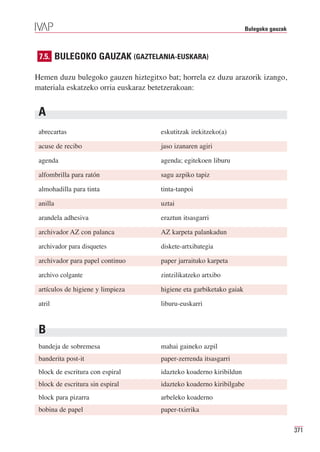 Bulegoko gauzak



 7.5. BULEGOKO GAUZAK (GAZTELANIA-EUSKARA)

Hemen duzu bulegoko gauzen hiztegitxo bat; horrela ez duzu arazorik izango,
materiala eskatzeko orria euskaraz betetzerakoan:


 A
 abrecartas                          eskutitzak irekitzeko(a)

 acuse de recibo                     jaso izanaren agiri

 agenda                              agenda; egitekoen liburu

 alfombrilla para ratón              sagu azpiko tapiz

 almohadilla para tinta              tinta-tanpoi

 anilla                              uztai

 arandela adhesiva                   eraztun itsasgarri

 archivador AZ con palanca           AZ karpeta palankadun

 archivador para disquetes           diskete-artxibategia

 archivador para papel continuo      paper jarraituko karpeta

 archivo colgante                    zintzilikatzeko artxibo

 artículos de higiene y limpieza     higiene eta garbiketako gaiak

 atril                               liburu-euskarri


 B
 bandeja de sobremesa                mahai gaineko azpil
 banderita post-it                   paper-zerrenda itsasgarri
 block de escritura con espiral      idazteko koaderno kiribildun
 block de escritura sin espiral      idazteko koaderno kiribilgabe
 block para pizarra                  arbeleko koaderno
 bobina de papel                     paper-txirrika

                                                                                       371
 