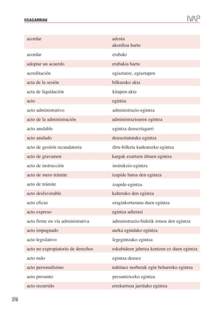 OSAGARRIAK



       acordar                             adostu
                                           akordioa hartu
       acordar                             erabaki
       adoptar un acuerdo                  erabakia hartu
       acreditación                        egiaztatze, egiaztapen
       acta de la sesión                   bilkurako akta
       acta de liquidación                 kitapen-akta
       acto                                egintza
       acto administrativo                 administrazio-egintza
       acto de la administración           administrazioaren egintza
       acto anulable                       egintza deuseztagarri
       acto anulado                        deuseztatutako egintza
       acto de gestión recaudatoria        diru-bilketa kudeatzeko egintza
       acto de gravamen                    kargak ezartzen dituen egintza
       acto de instrucción                 instrukzio-egintza
       acto de mero trámite                izapide hutsa den egintza
       acto de trámite                     izapide-egintza
       acto desfavorable                   kalterako den egintza
       acto eficaz                         eraginkortasuna duen egintza
       acto expreso                        egintza adierazi
       acto firme en vía administrativa    administrazio-bidetik irmoa den egintza
       acto impugnado                      aurka egindako egintza
       acto legislativo                    legegintzako egintza
       acto no expropiatorio de derechos   eskubideen jabetza kentzen ez duen egintza
       acto nulo                           egintza deusez
       acto personalísimo                  nahitaez norberak egin beharreko egintza
       acto presunto                       presuntziozko egintza
       acto recurrido                      errekurtsoa jarritako egintza

378
 